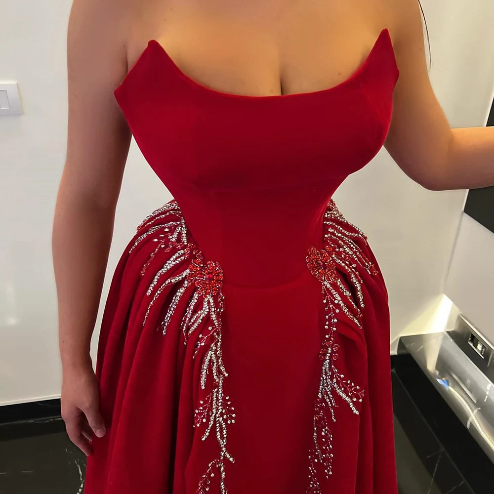 Sequined Backless A-Line Evening Gown | Strapless Sleeveless Tea-Length Prom Dress Luxegan
