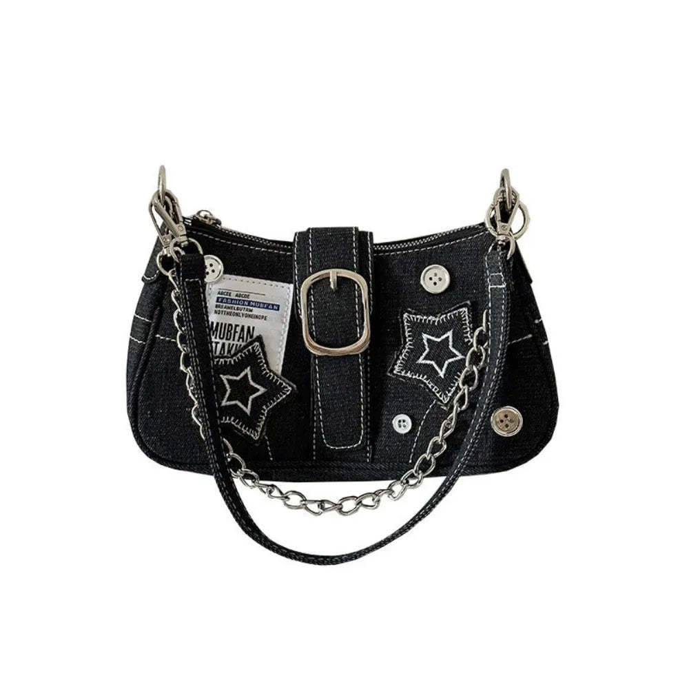 Y2K Fashion Women's Underarm Bag | Cool Girls Stars Pattern Canvas Handbag | Trendy Small Shoulder Bag with Chain Detail | Fashionable Party Tote & Star Print Purse Luxegan