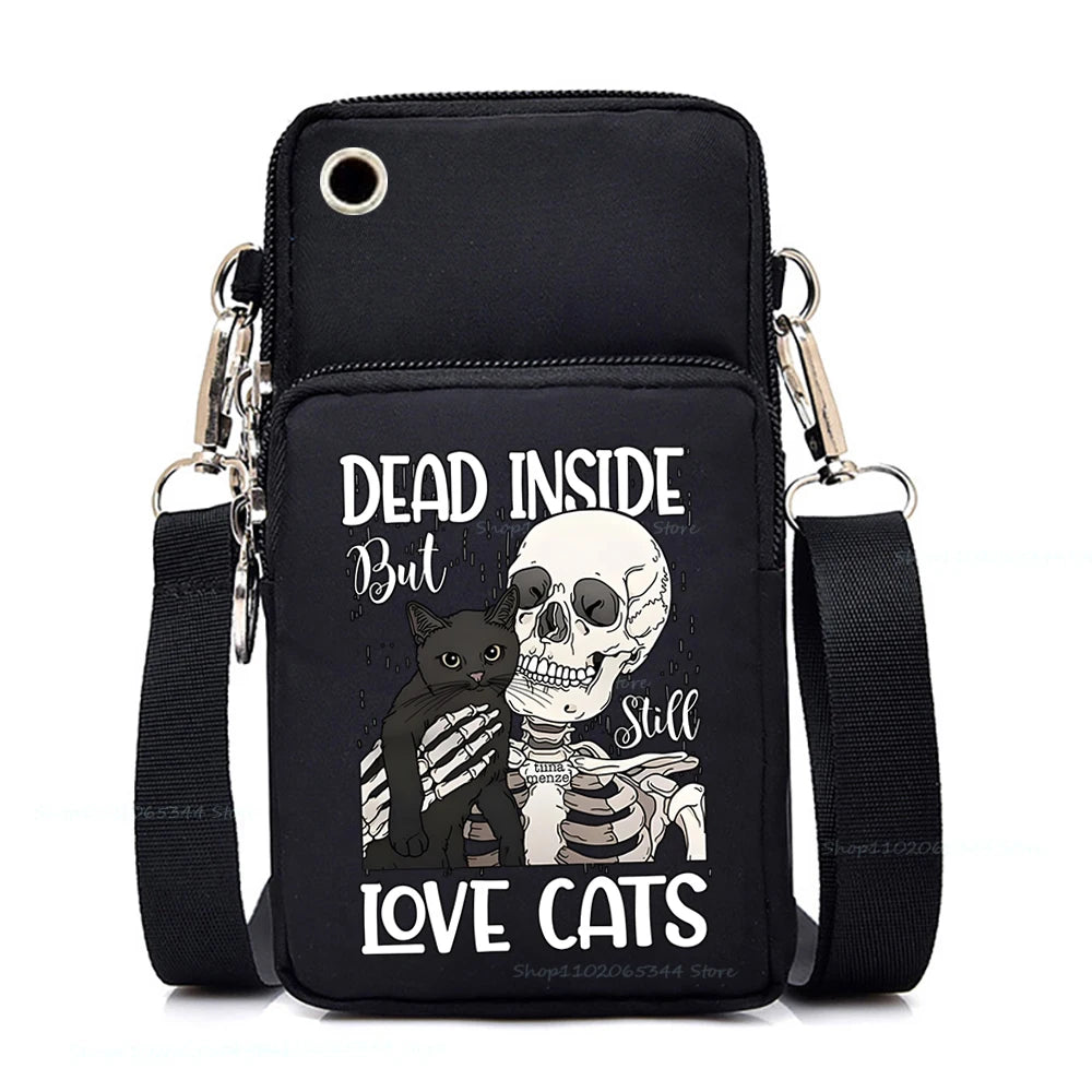 "Dead Inside But Love Cats" Shoulder Bag | Sophisticated Funny Vintage Skeleton Purse | Elegant Cartoon-Print Mobile Phone Bag | "Dignified" Soft Nylon Mini-Handbag for Versatile Casual Styling Luxegan