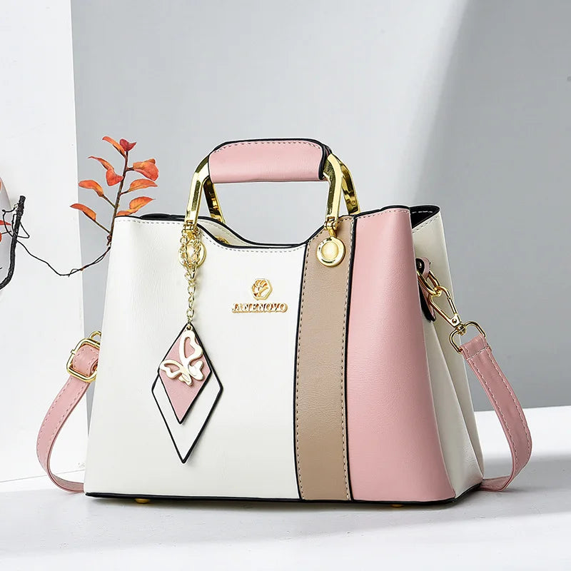 Women’s Fashion Cat-Themed Satchel | Sophisticated Top-Handle Handbag | Fashion-Forward Patchwork Shoulder Bag | Elegant Crossbody Purse with Tassel Decoration Luxegan