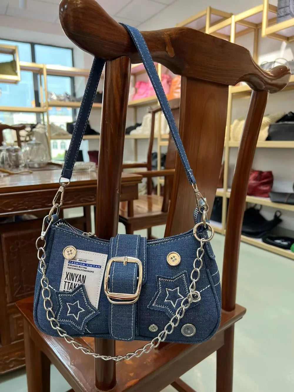 Y2K Fashion Women's Underarm Bag | Cool Girls Stars Pattern Canvas Handbag | Trendy Small Shoulder Bag with Chain Detail | Fashionable Party Tote & Star Print Purse Luxegan