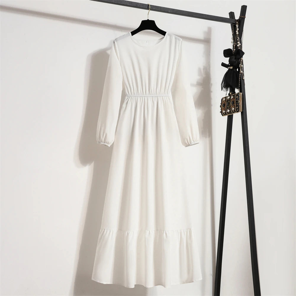 Women's Solid Chiffon Muslim Maxi Dress | Long-Sleeve Casual Loose Fit A-Line Dress | Full-Sleeve O-Neck Spring Autumn Ankle-Length Robe Luxegan