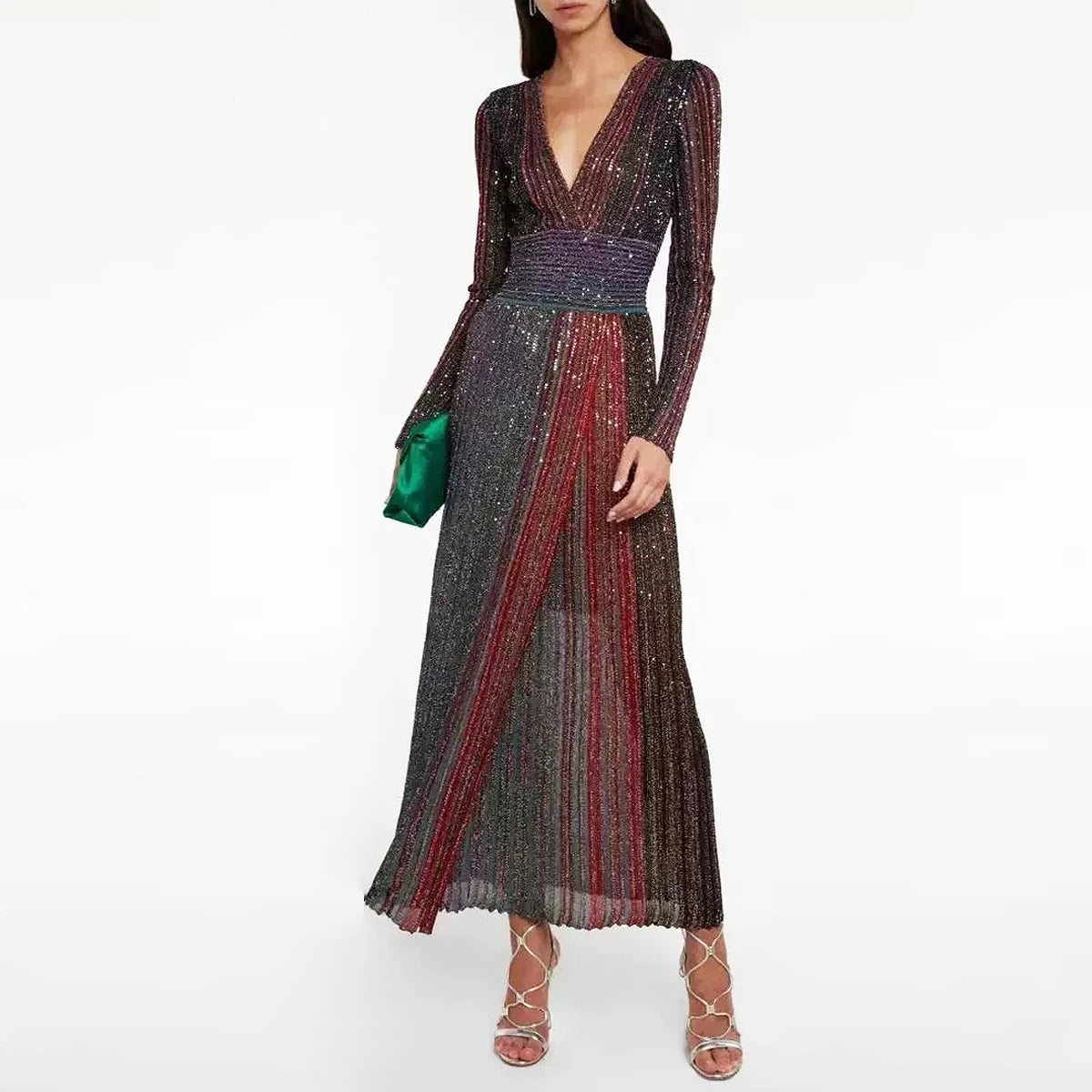Women's Autumn Elegant Knitted Commuting Dress | Slim Fit V-Neck Long-Sleeve Maxi Gown | Fashionable Temperament Rainbow Pleated Dress | Premium Medium Stretch Ankle-Length Office Lady Knitwear Luxegan