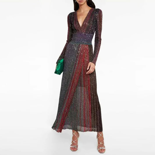Women's Autumn Elegant Knitted Commuting Dress | Slim Fit V-Neck Long-Sleeve Maxi Gown | Fashionable Temperament Rainbow Pleated Dress | Premium Medium Stretch Ankle-Length Office Lady Knitwear Luxegan