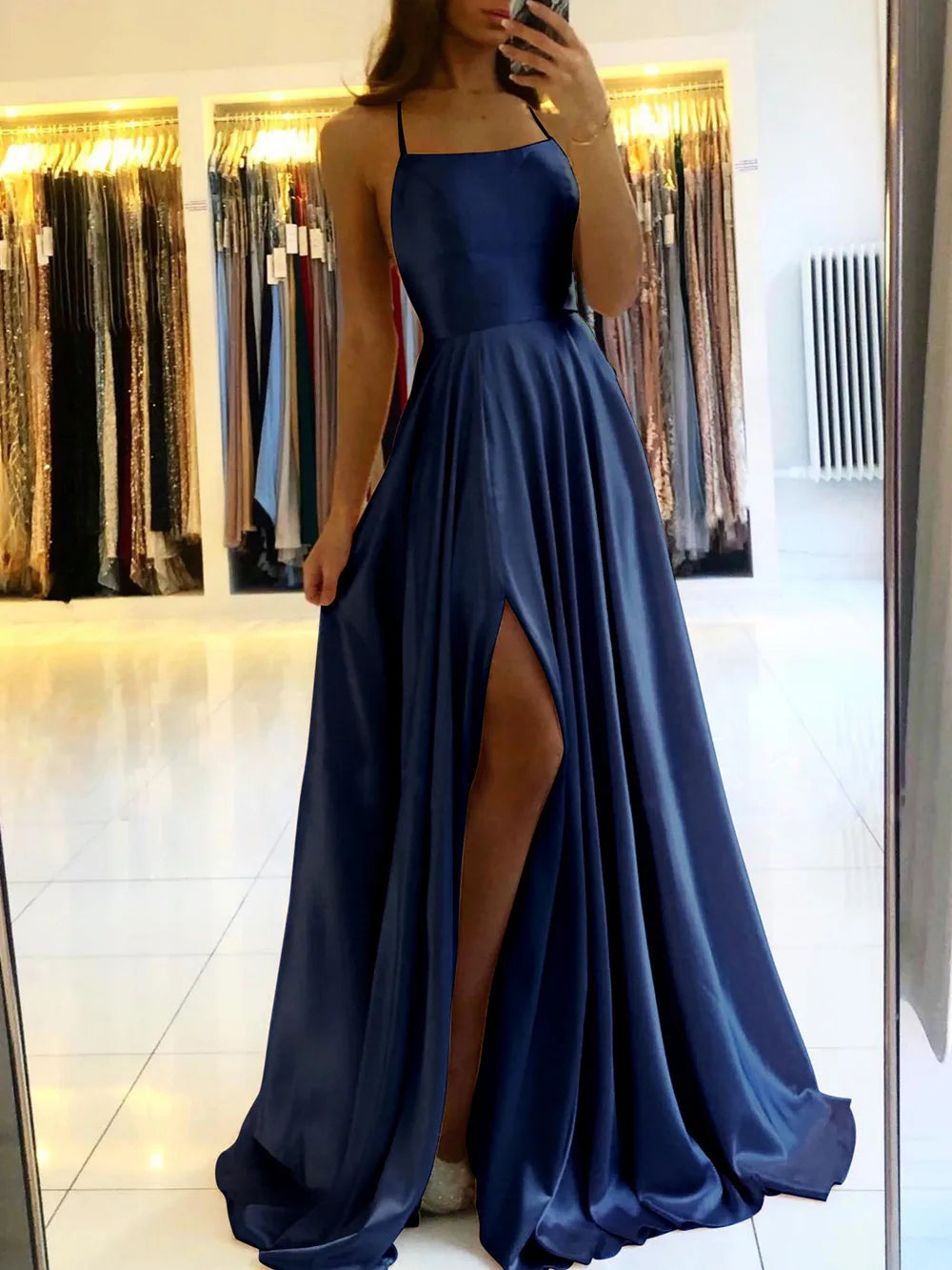 Solid Slash/Cowl Neck Sleeveless Lace-Up Strap Loose Fit A-Line Floor-Length Satin Dress – High Slit, Natural Waist, Summer