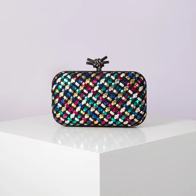 Woven Contrast Color Evening Clutch | Sophisticated Microfiber Thread Braid Handbag | Elegant Classic Chain Small Square Bag | "Dignified" Hard-Shell Woven Purse for Formal Party Styling Luxegan