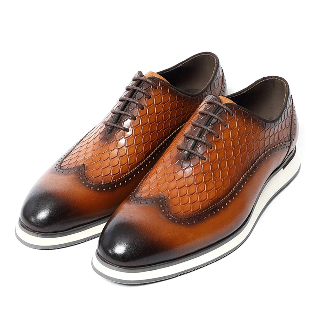 Men's Natural Genuine Leather Oxfords | Classic European Style Snake Print Casual Sneakers (Breathable) Luxegan