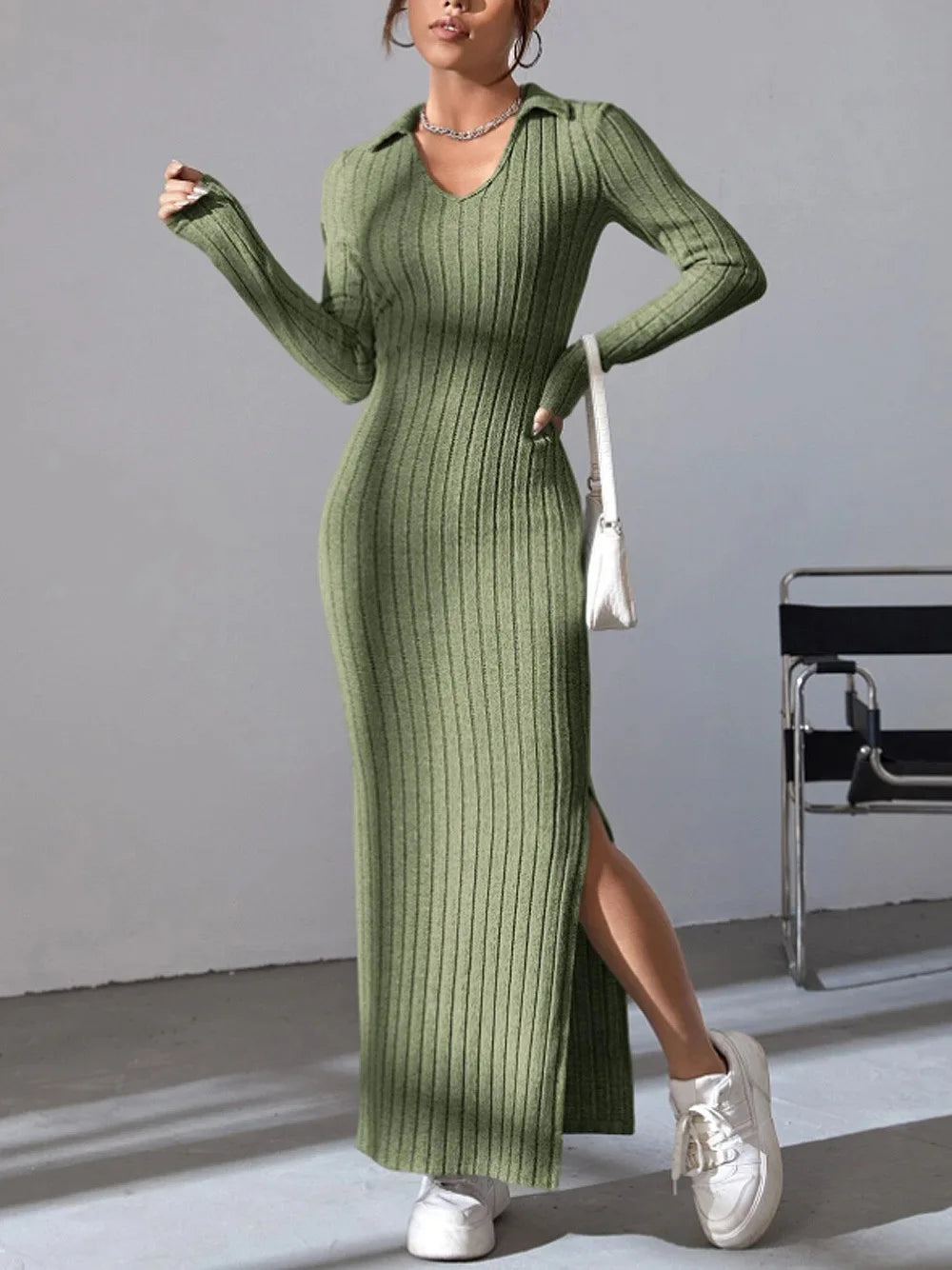 Women's New Knitted Slim Lapel Long Sleeve Dress | Elegant Pit Strip Solid Color Tight Skirt | Office Lady Medium Stretch Ankle-Length Sheath Vestido Model GZ2401062 Luxegan