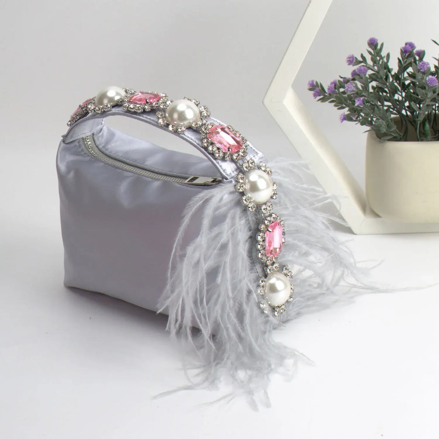 Luxury Feather & Pearl Evening Clutch | Designer Satin Wedding Purse with Diamond Decoration | Fashionable Sparkling Square Party Tote | Elegant White Satin Flap Handbag Luxegan