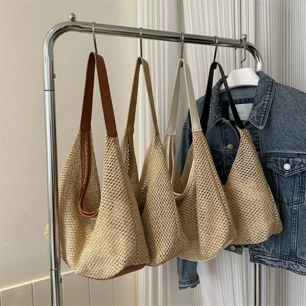 Casual Woven Straw Bucket Bag | Large Capacity Underarm Shoulder Bag | Women’s Fashion Solid Color Tote | Minimalist Summer Weave Handbag Luxegan