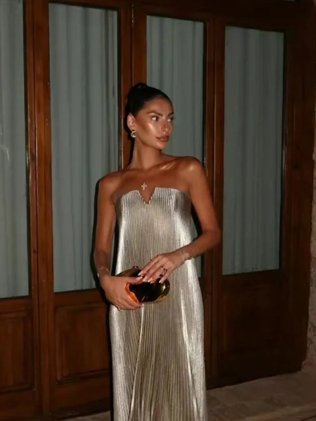 Women's Modern Metallic Strapless Prom Dress | Draped Sleeveless Straight Gala Gown | Elegant Floor-Length Evening Dress | Built-In Bra Pleated Sequin Vestido Model WZ2510221849N Luxegan