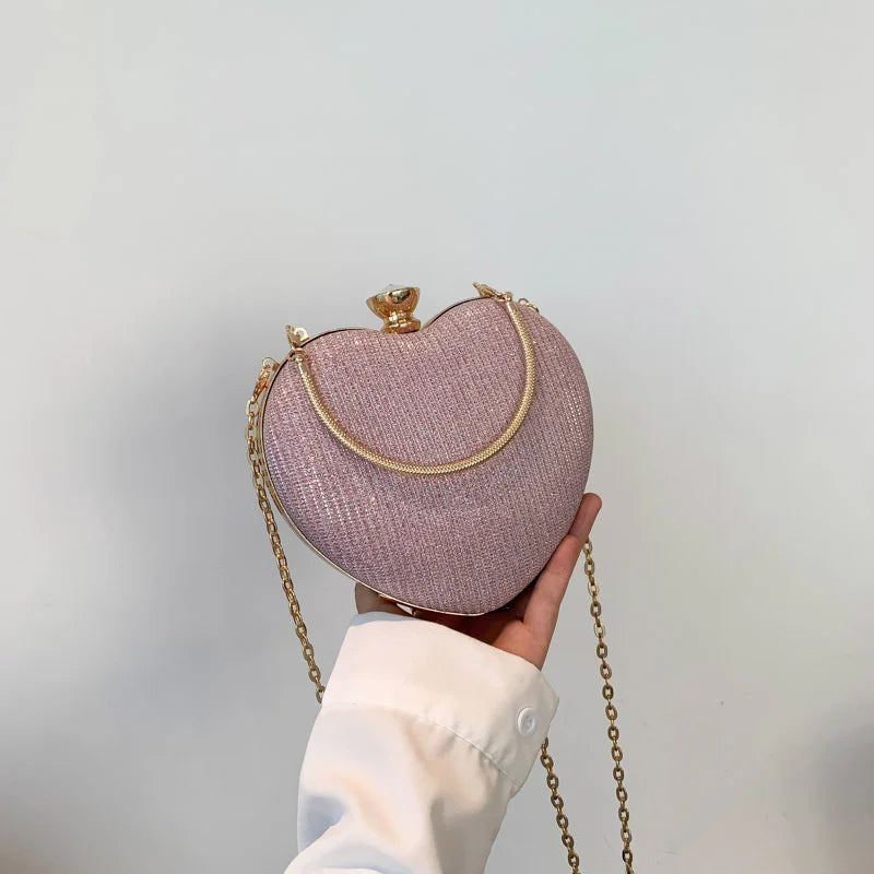 Shiny Heart Shape Metal Evening Clutch Bag for Women | Fashion Chain Shoulder Crossbody Bag (Luxury Lady Purse) Luxegan