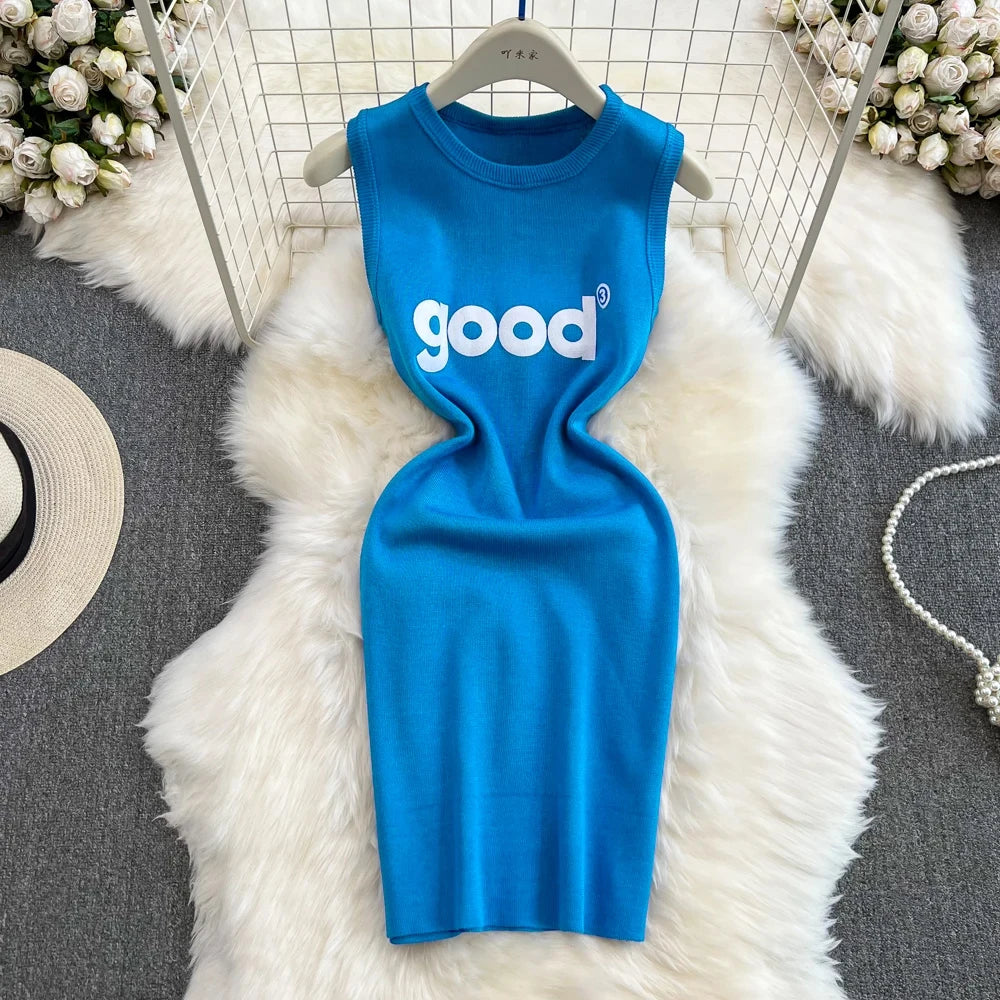 Women's Y2K Letter-Printed Knitted Mini Dress | Sexy Sleeveless Tank Bodycon Summer Dress | High Stretch Slim Fit Sheath Vestido | Office Lady Premium Empire Waist Knitwear Luxegan