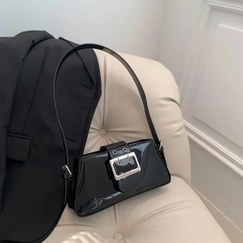New Luxury Design Women's Glossy PU Leather Armpit Bag | Fashion Party Handbag (Patent Leather Silver Shoulder & Crossbody Bag) Luxegan