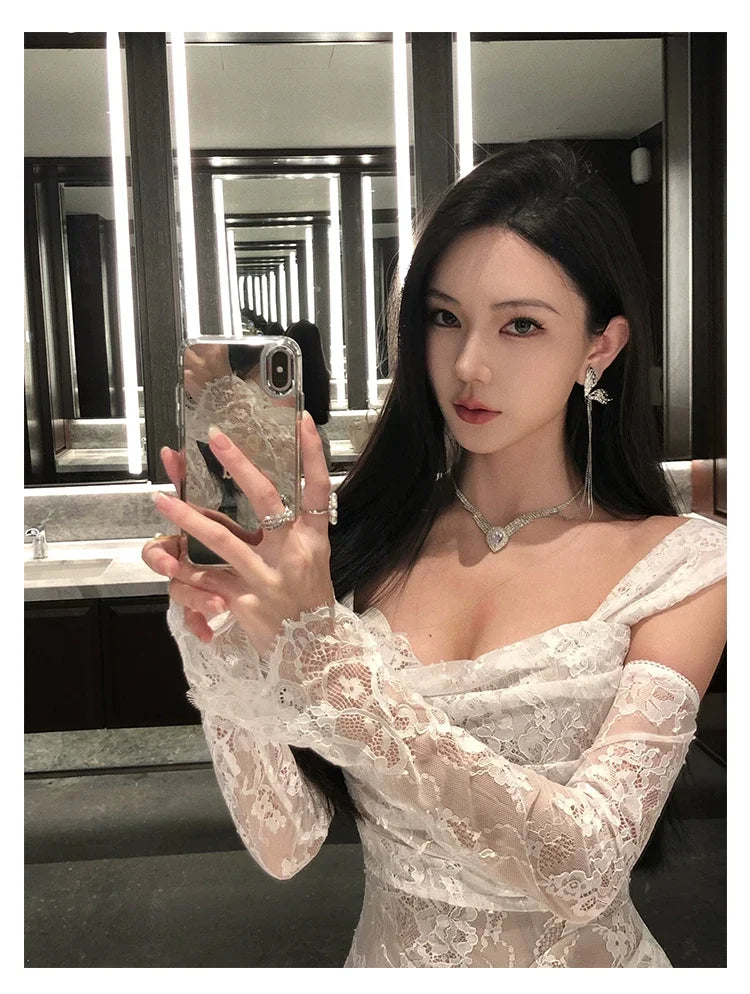 Solid Slash Neck Full Sleeve Lace Detail Regular Fit Sheath Ankle-Length Dress – Empire Waist, Spring/Summer Luxegan