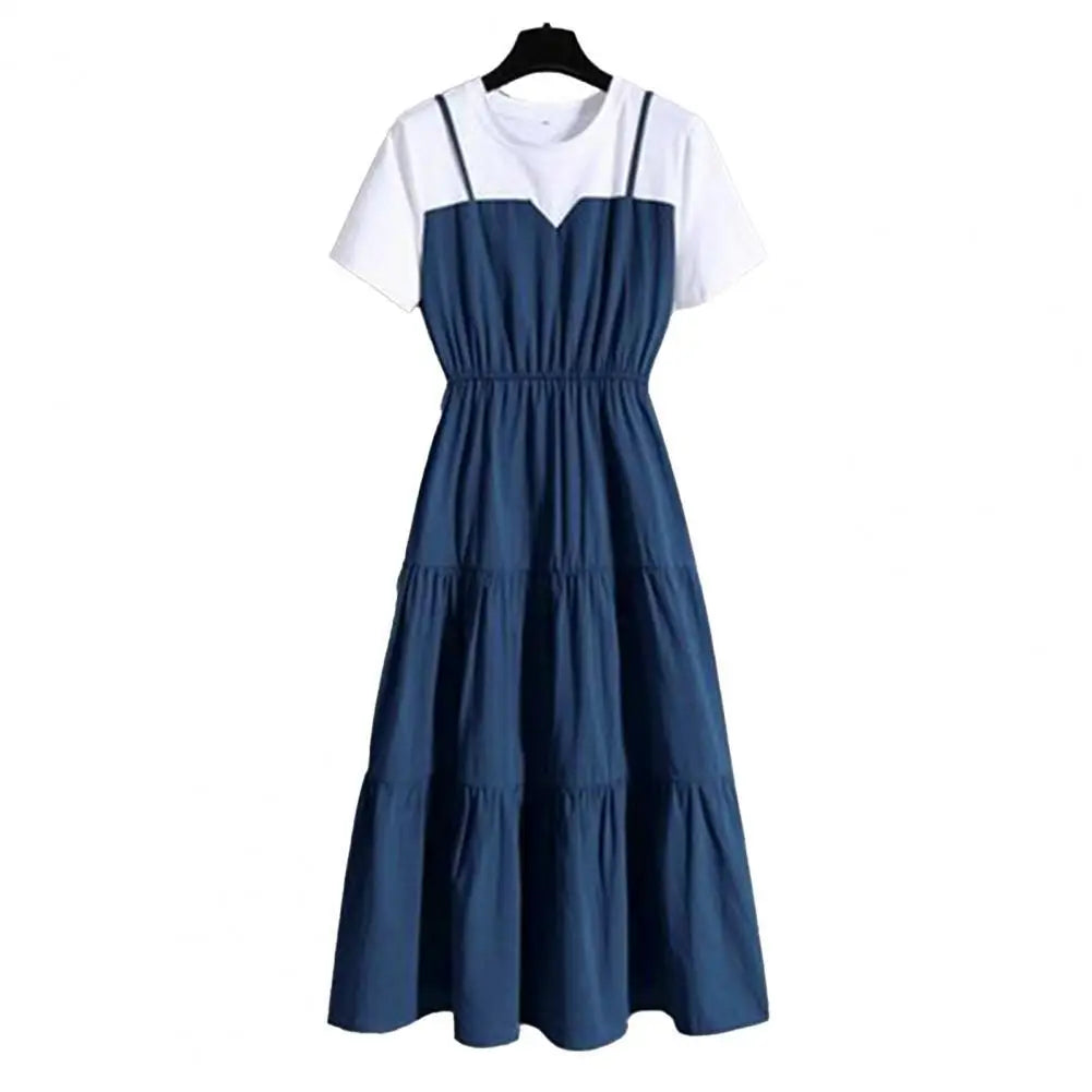 Solid Round Neck Short Sleeve Loose Fit-and-Flare Mid-Calf Dress – Elastic Waist, Spring/Summer Luxegan