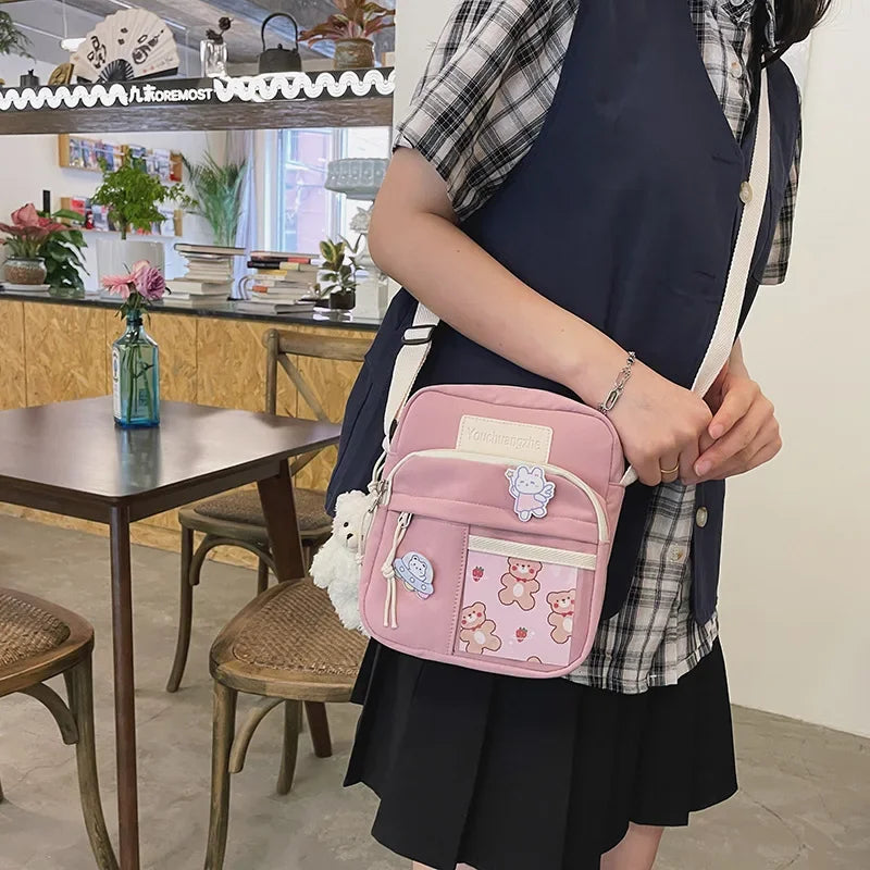 Cute Clear Kawaii Canvas Bag | Harajuku Cartoon Messenger Bag for Girls | Sophisticated Small Patchwork Shoulder Pouch | Fashion-Forward Nylon Cellphone Purse with Silt Pocket Luxegan