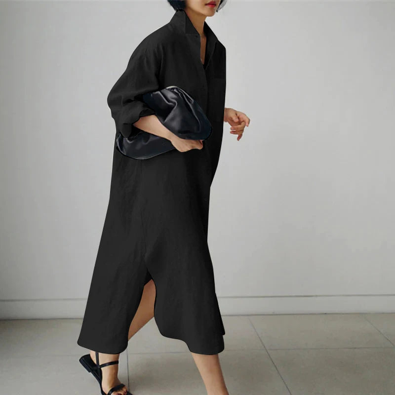 Lapel Neck Button-Down Long Sleeve Loose A-Line Midi Shirt Dress | Boho Vintage Casual Sundress Luxegan