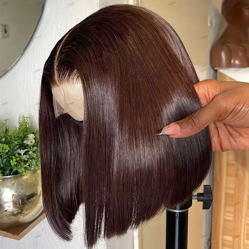 14-Inch #4 Chocolate Brown Straight Bob Wig | Sophisticated 13x4 HD Transparent Lace Frontal | Elegant "Natural Hairline" Silhouette | "Dignified" Glueless Brazilian Remy Human Hair for Radiant Versatile Styling Luxegan