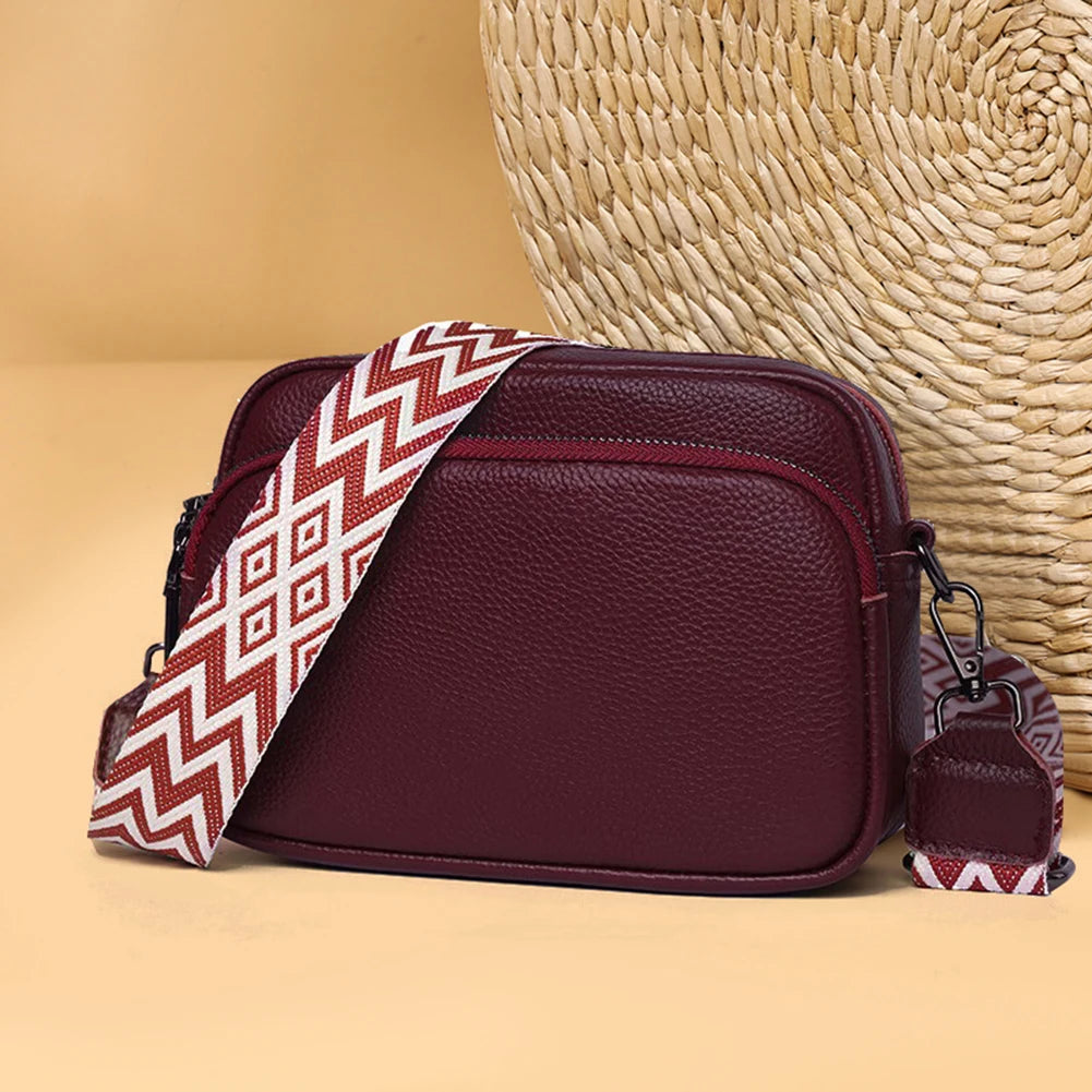 Genuine Leather Wide Strap Shoulder Bag | Solid Color Crossbody & Phone Bag Luxegan