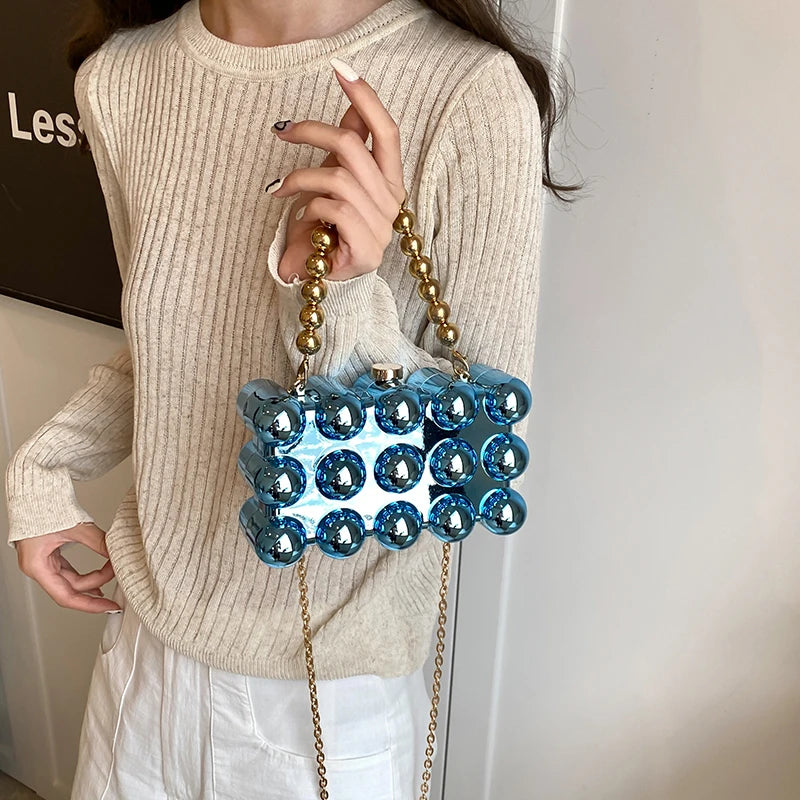 Luxury Acrylic 'Cake Box' Bag | Elegant Gold Beaded Chain Handbag Luxegan