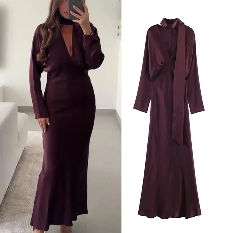 Satin V-Neck Midi Dress with Scarf | Long Sleeve A-Line Chic Elegant Casual Dress Luxegan