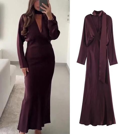 Satin V-Neck Midi Dress with Scarf | Long Sleeve A-Line Chic Elegant Casual Dress Luxegan