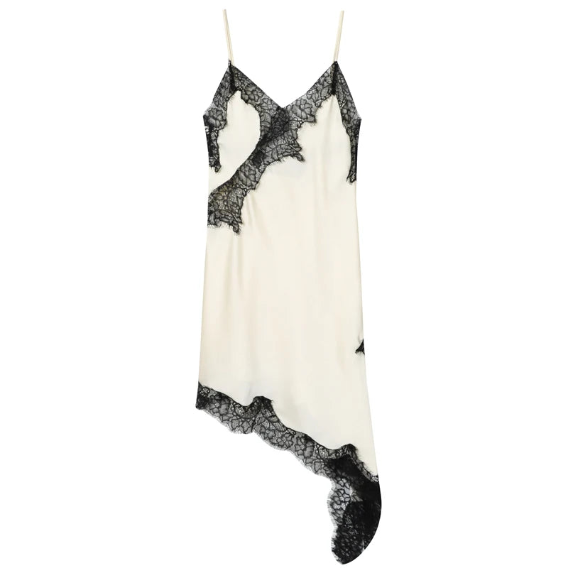 Women's Elegant Lace Asymmetric Slip Dress | Sexy Summer Evening Camisole Gown | Ladies Backless Sleeveless Regular Fit Mini Dress | Premium Non-Stretch Solid Brown Vestido Model Lace Slip Dress Luxegan
