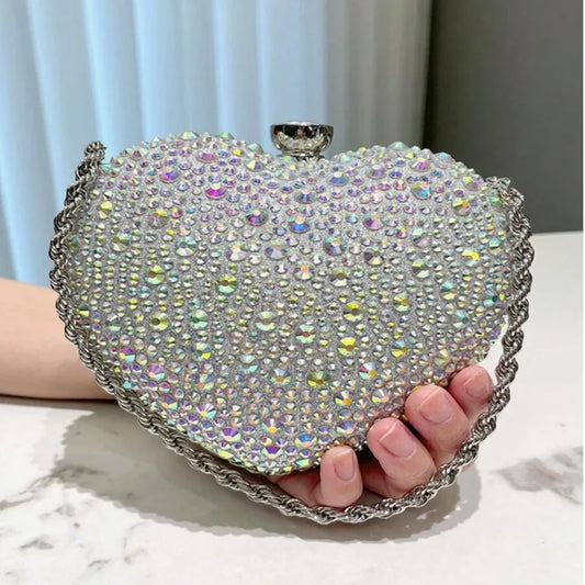 Luxury Diamond Inlay Heart-Shaped Clutch | Sparkling Crystal Wedding & Party Purse | High-End Rhinestone Evening Shoulder Bag | Designer Beaded Messenger Bag for Women Luxegan
