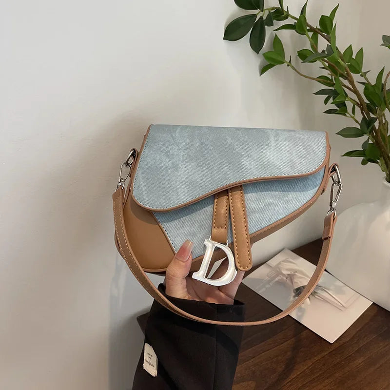 Denim-Look Contrast Saddle Bag | Fashionable Box Messenger Purse Luxegan