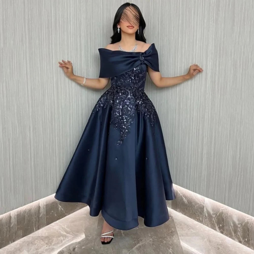 Navy Blue Off-The-Shoulder Satin Evening Dress | Elegant Flower Appliques Ankle-Length Prom Gown | Sleeveless Draped Formal Evening Party Dress Luxegan