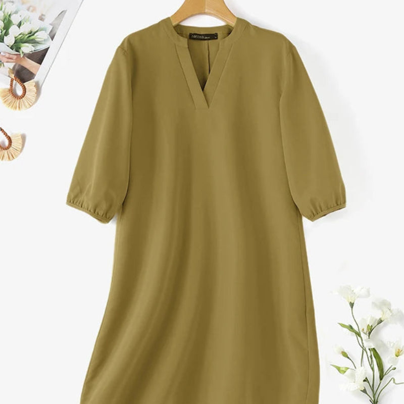 V-Neck Puff Sleeve A-Line Midi Dress | Elegant Solid Work & Casual Autumn Dress Luxegan