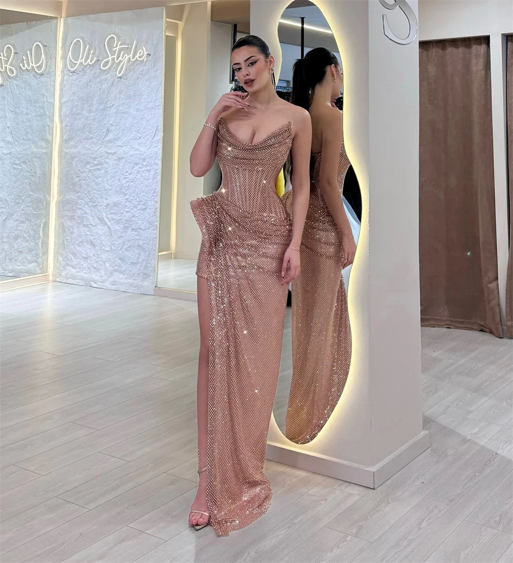 Contessa Dubai Customized Side High Slit Pleated Mermaid Prom Dress Floor-length Strapless Evening Dress Sleeveless Party Dress