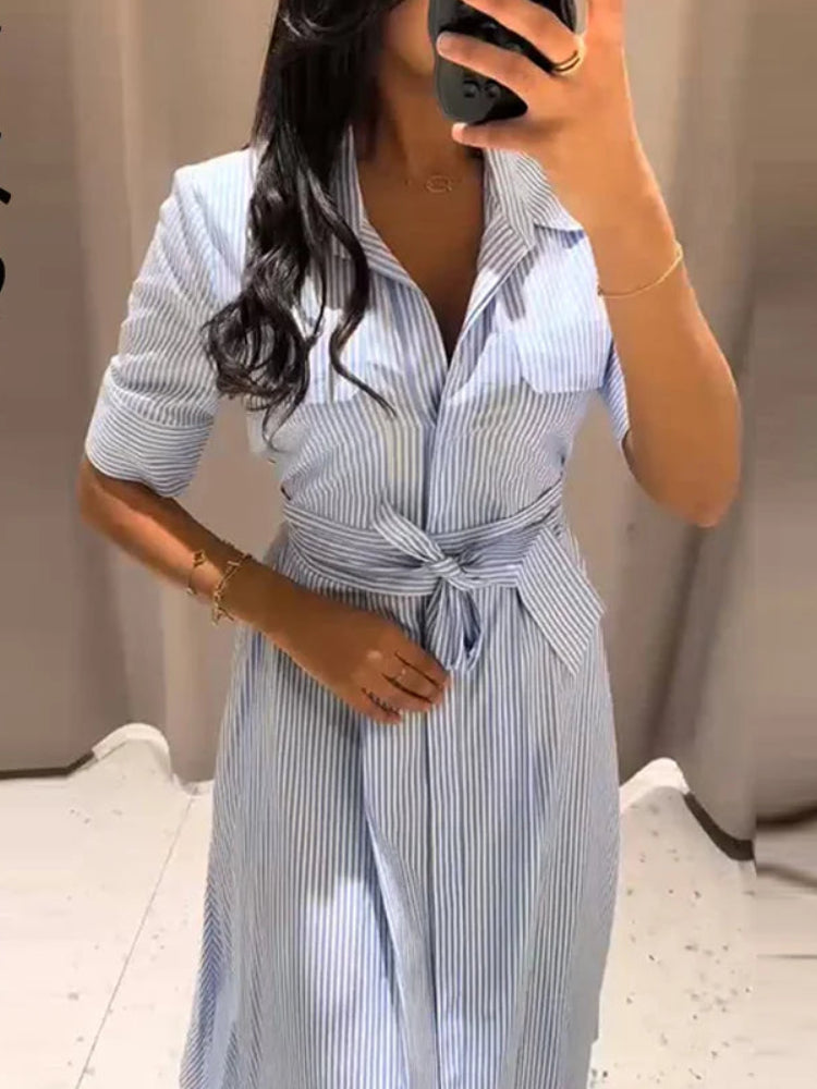 Striped & Solid Turn-Down Collar Half Sleeve Button Single-Breasted Regular Fit A-Line Mid-Calf Dress – Empire Waist, All Season Luxegan