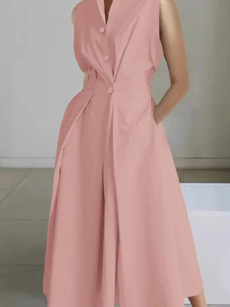 Solid Turn-Down Collar Short Sleeve Regular Fit A-Line Ankle-Length Dress – Polyester, Empire Waist, Summer Luxegan