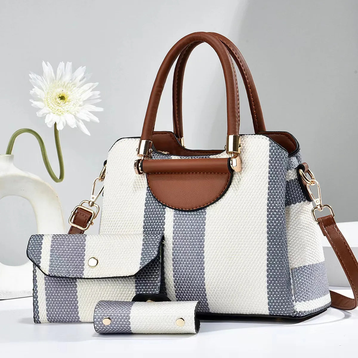 3-Piece Set Fashion Women's Handbags | Striped Leather Totes & Top-Handle Bag Luxegan