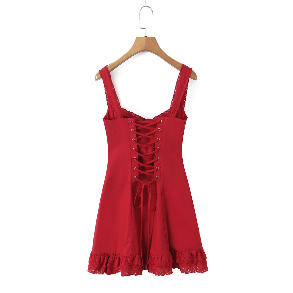 3 Colors Red Spliced Lace Ruched Chest Corset Style Sling Dress Women Cross Lacing Up Back Wood Ears Hem Tank Dresses Vestidos