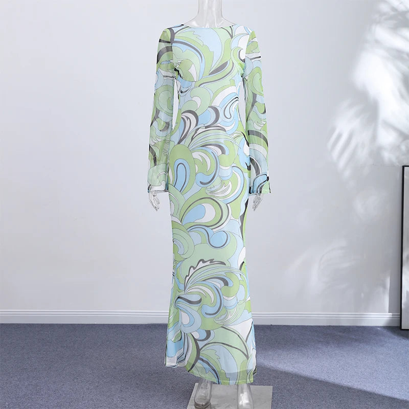 Print O-Neck Long Sleeve Slim Straight Ankle-Length Dress – Polyester, Natural Waist, Summer Luxegan