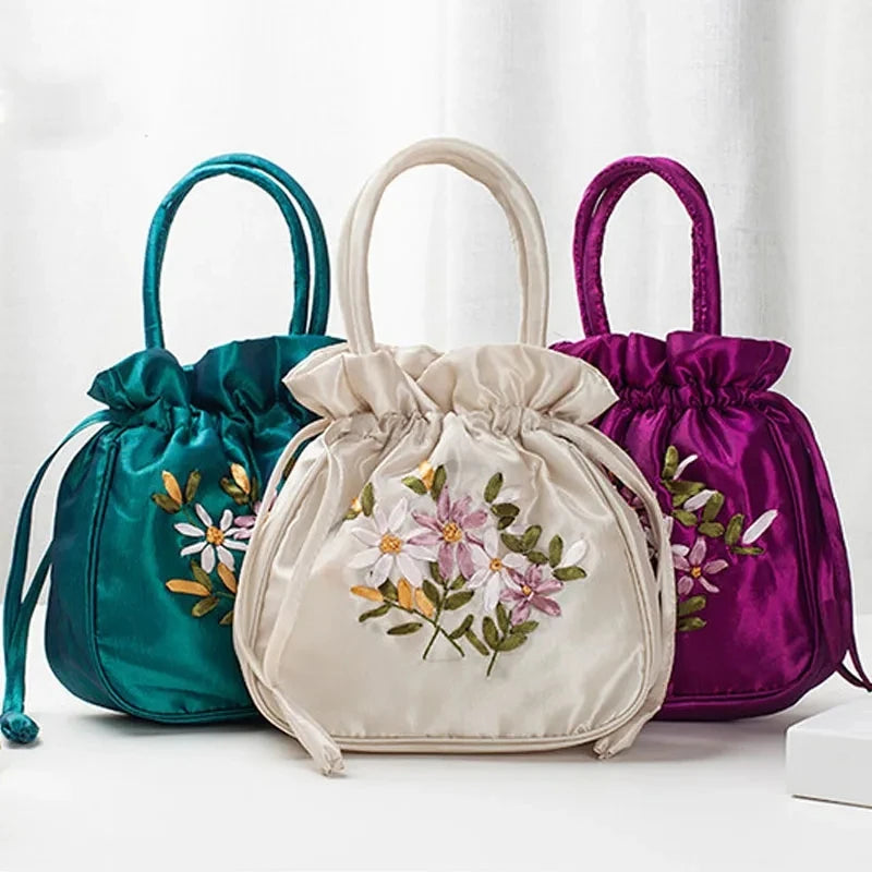 Bolsos Retro Bordados con Cordón Bolsas de Almacenamiento Carteras Monederos Tarjeteros Bolsos de Hombro Tipo Cubo Bolsos de Muñeca