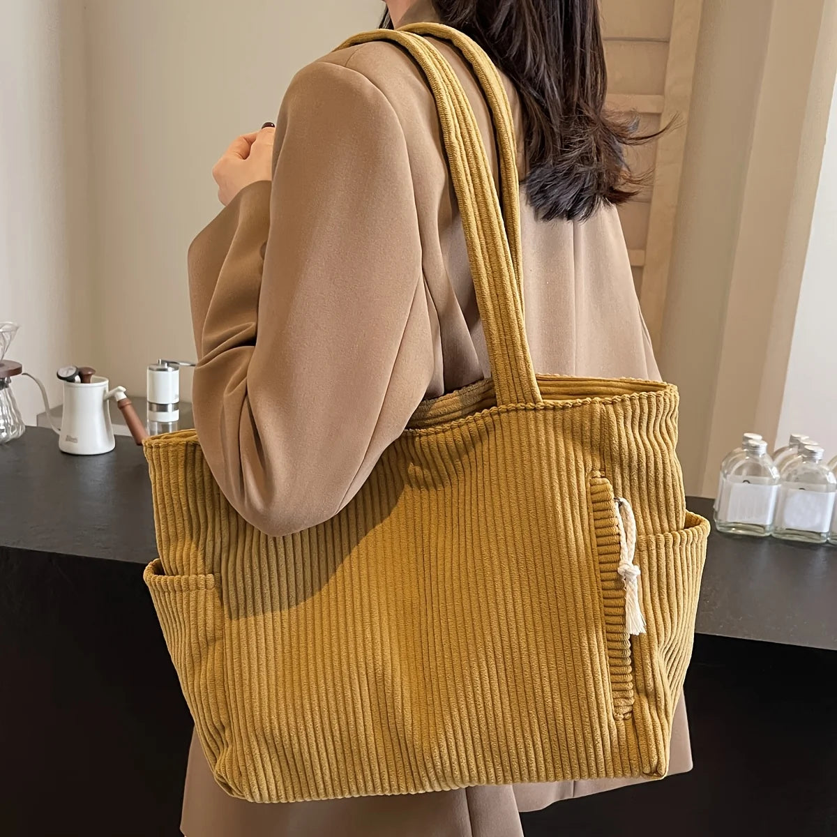 Durable Corduroy Casual Tote | Sophisticated Multi-Compartment Shoulder Bag | Elegant Soft Commuter Handbag | "Dignified" Versatile Daily Pouch for Urban Styling Luxegan
