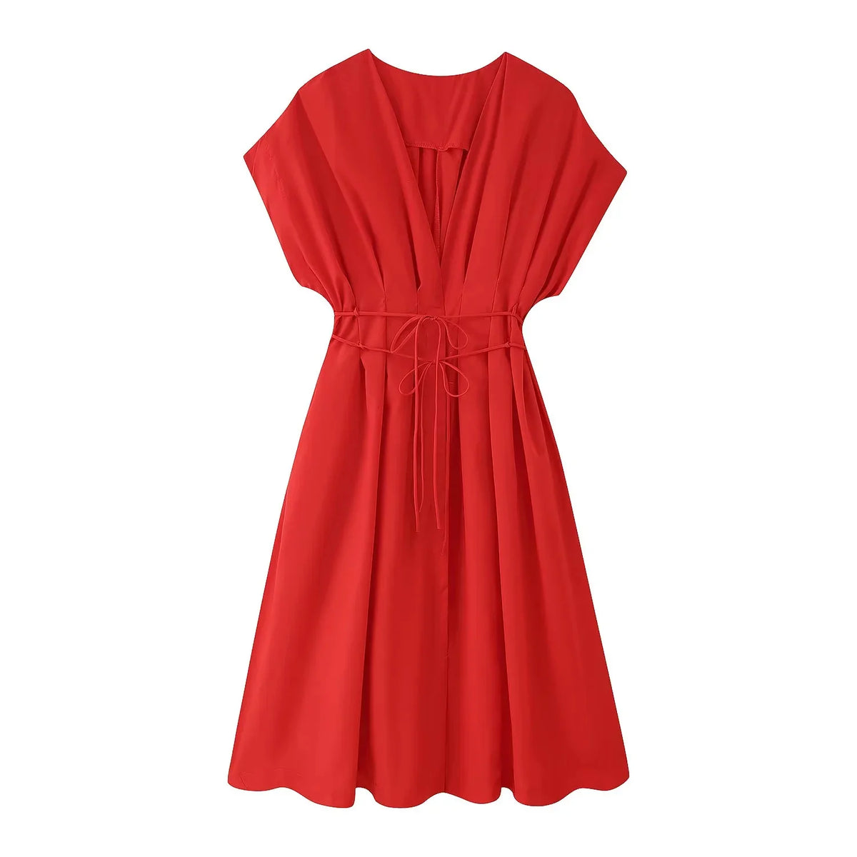 Draped V-Neck Sleeveless A-Line Midi Dress – Loose Fit, Empire Waist, Spring/Summer Luxegan