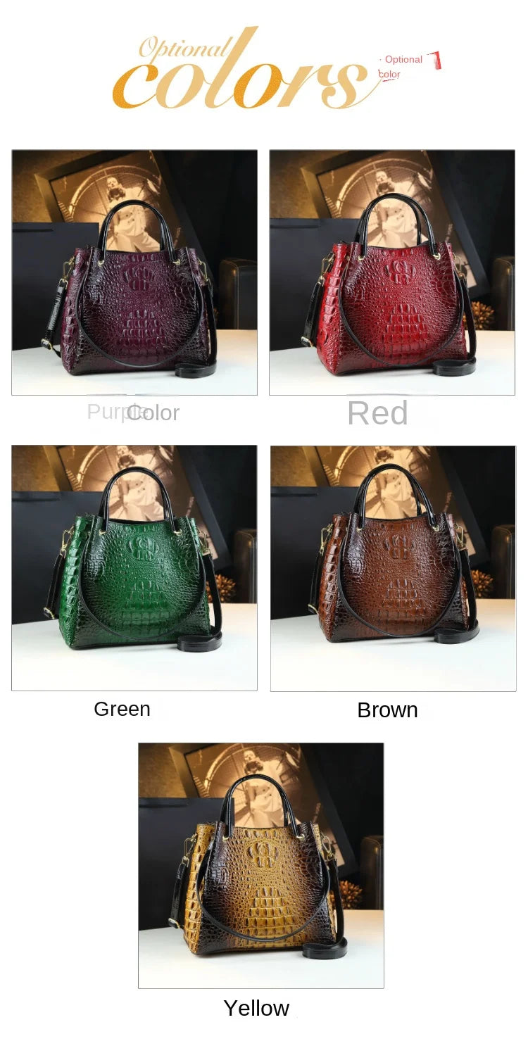 Genuine Leather Crocodile Print Bucket Bag | Vintage Tote & Messenger Luxegan