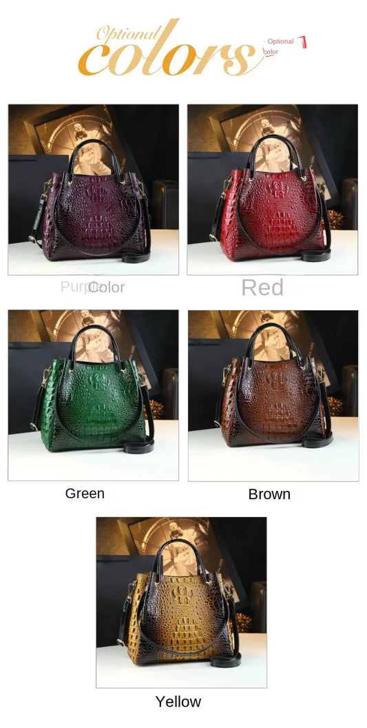 Genuine Leather Crocodile Print Bucket Bag | Vintage Tote & Messenger Luxegan