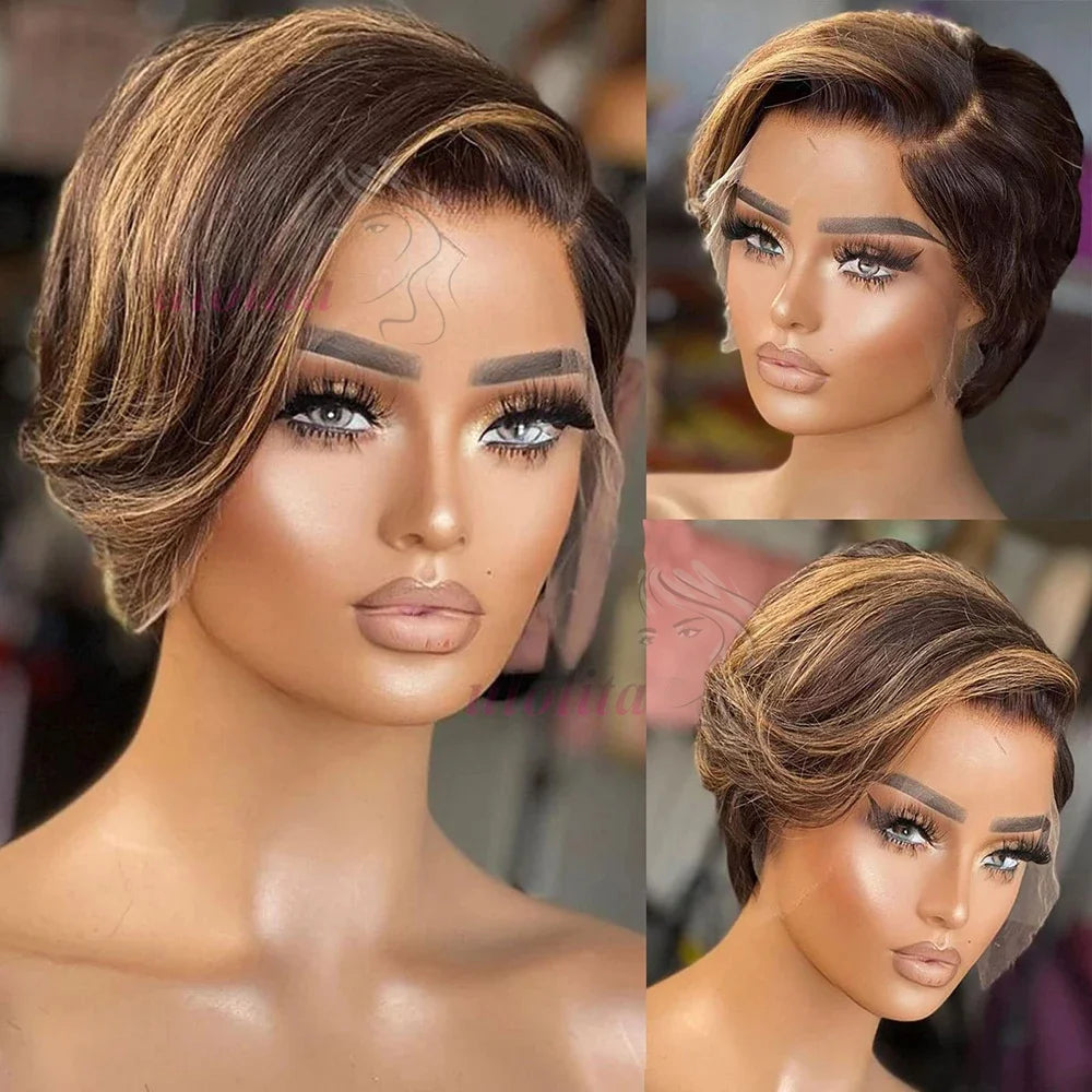 Short Bob Wig Pixie Cut Wig Straight Human Hair Wig 13X4 Transparent Lace Frontal Wig For Women Highlight Straight Pixie Cut Wig