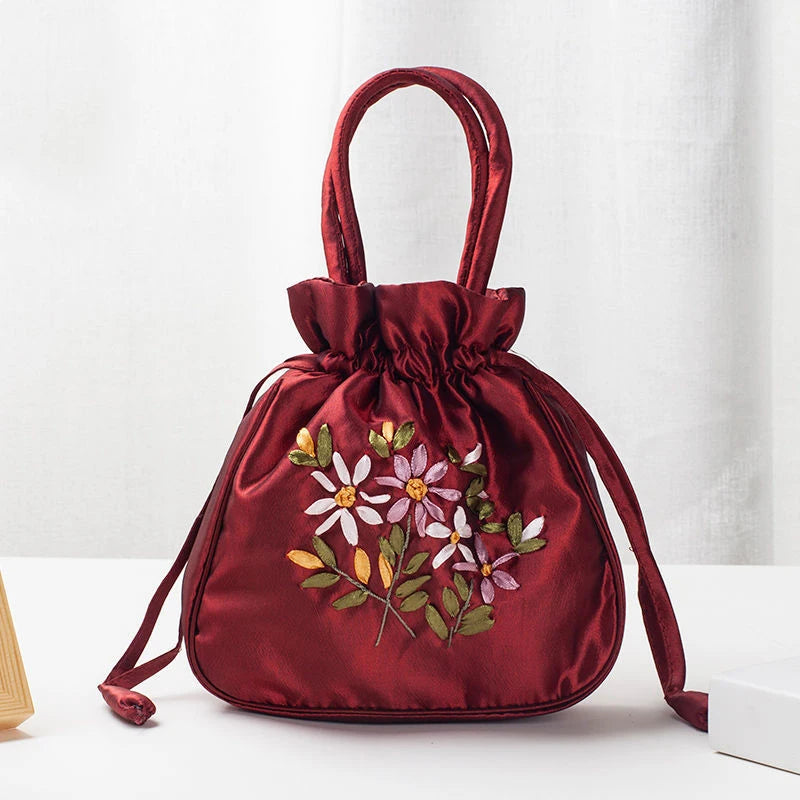 Bolsos Retro Bordados con Cordón Bolsas de Almacenamiento Carteras Monederos Tarjeteros Bolsos de Hombro Tipo Cubo Bolsos de Muñeca