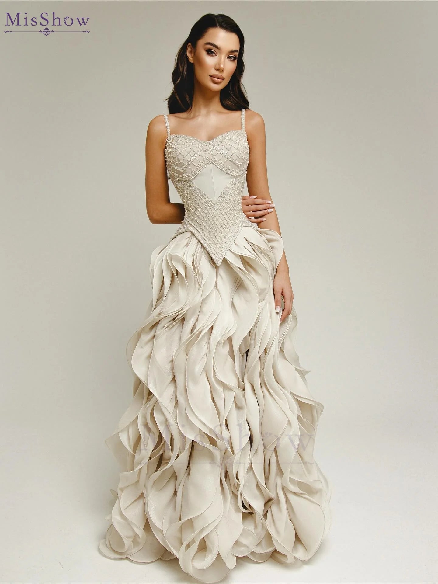 MisShow Elegant Sling Evening Dresses Square Collar Beaded Strap Layered Ruffled High Slit Prom Dress Customized Formal Vestidos