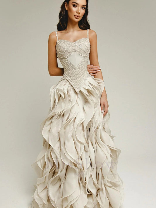Women's Elegant Square Collar Evening Dress | Beaded Strap Layered Ruffled Prom Gown | Luxury Crystal Applique High Slit Formal Dress | Premium Knit Sleeveless Floor-Length A-Line