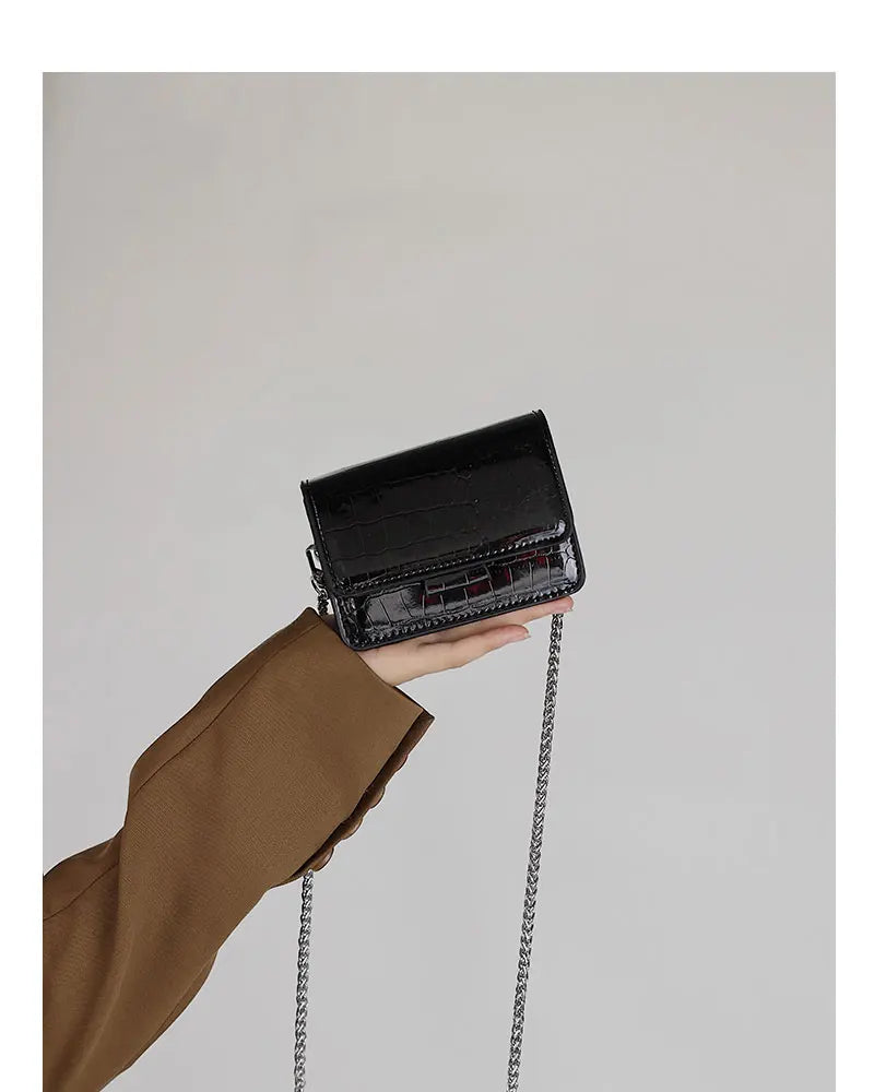 Summer Patent Leather Chain Mini Handbag | Women's Silver PU Crossbody Bag | HARD Fashion Square Buckle Lipstick Purse