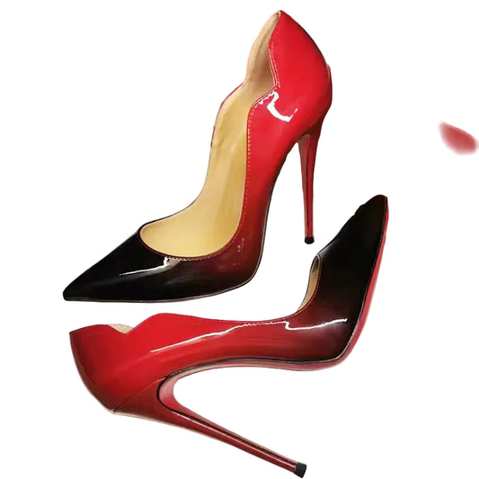 Customized Red-Black Gradient V-Cut Stilettos | Sophisticated 6cm–12cm T-Show Model Pumps | Elegant "Handmade Mixed Color" Silhouette | "Dignified" Sexy Pointed Toe Celebrity Shoes for Radiant Versatile Styling Luxegan