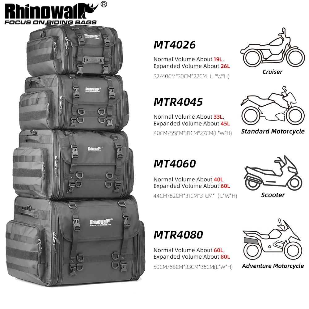 Motorcycle Rear Seat Travel Bag & Expandable Luggage | Heavy-Duty Waterproof Motor Tail Trunk Rack Bag | Premium High-Capacity 19L-80L Moto Storage | Models MT4026 / MT4045 / MT4060 / MT4080 Luxegan